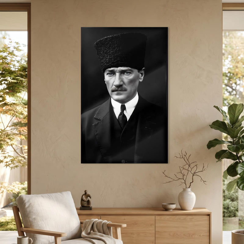 Siyah Beyaz Atatürk Kalpak Cam Tablo Ortam Görseli