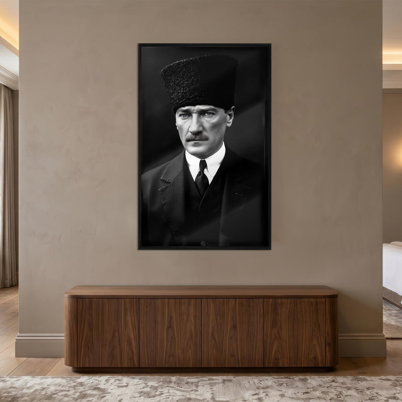 Siyah Çerçeveli Siyah Beyaz Atatürk Kalpak Cam Tablo