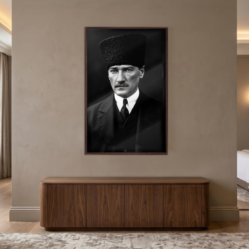 Ceviz Çerçeveli Siyah Beyaz Atatürk Kalpak Cam Tablo