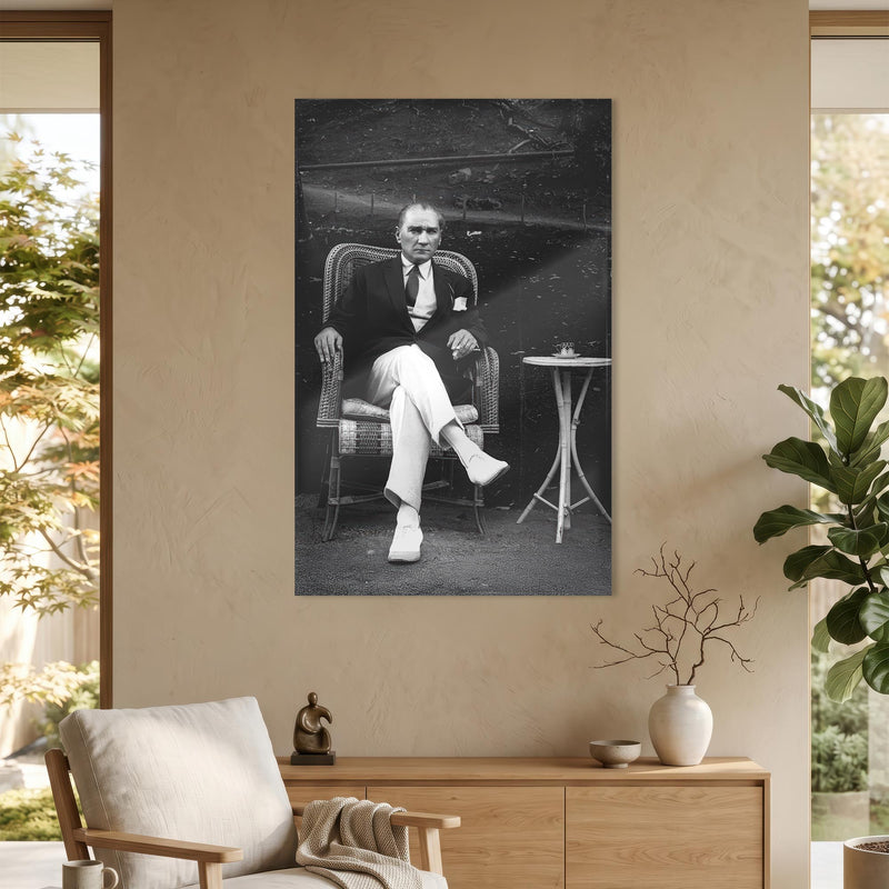 Sandalyede Atatürk Siyah Beyaz Cam Tablo Ortam Görseli