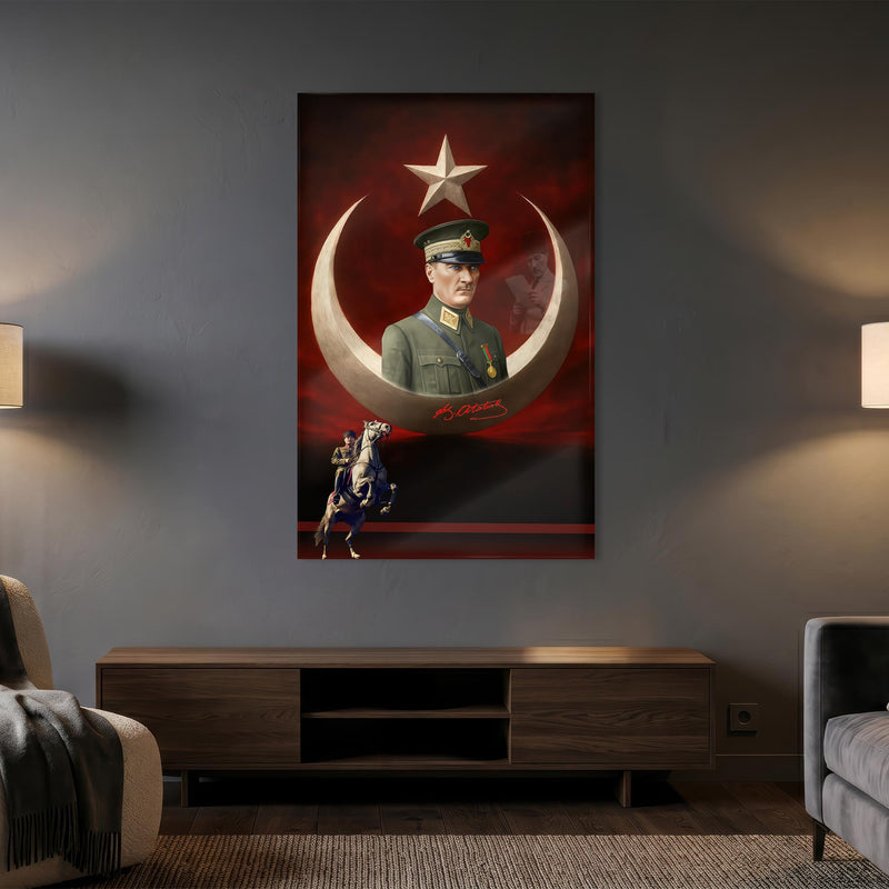 Çerçevesiz Hilal Yıldız Atatürk Dijital Sanat Cam Tablo
