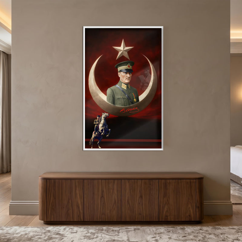 Beyaz Çerçeveli Hilal Yıldız Atatürk Dijital Sanat Cam Tablo