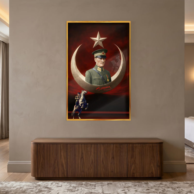 Altın Çerçeveli Hilal Yıldız Atatürk Dijital Sanat Cam Tablo