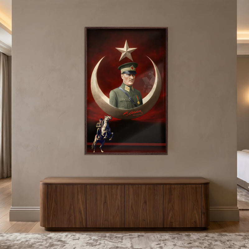 Ceviz Çerçeveli Hilal Yıldız Atatürk Dijital Sanat Cam Tablo