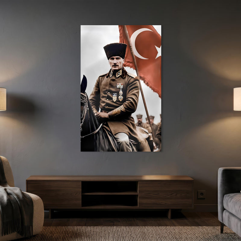 Çerçevesiz At Üstünde Atatürk Türk Bayrağı Cam Tablo