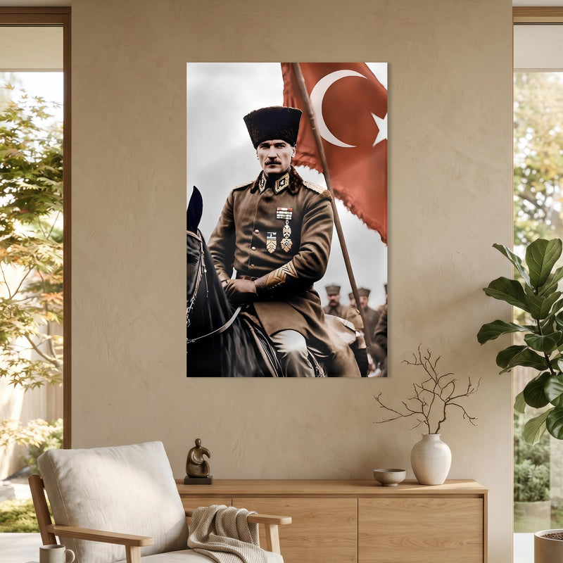 At Üstünde Atatürk Türk Bayrağı Cam Tablo Ortam Görseli