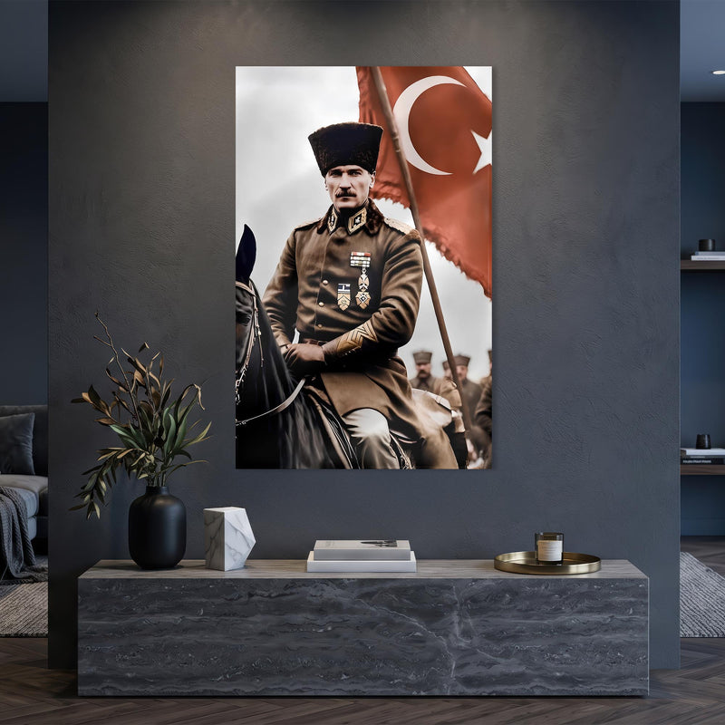 At Üstünde Atatürk Türk Bayrağı Cam Tablo Ortam Görseli