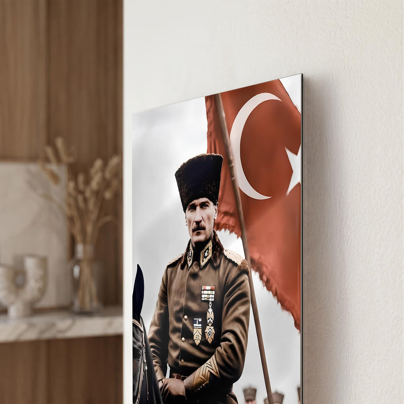 At Üstünde Atatürk Türk Bayrağı Cam Tablo Ortam Görseli