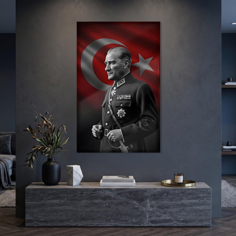 Türk Bayrağı Önünde Atatürk Cam Tablo Ortam Görseli