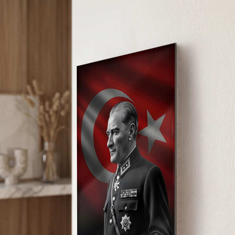 Türk Bayrağı Önünde Atatürk Cam Tablo Ortam Görseli