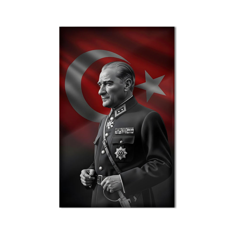Türk Bayrağı Önünde Atatürk Cam Tablo Ortam Görseli