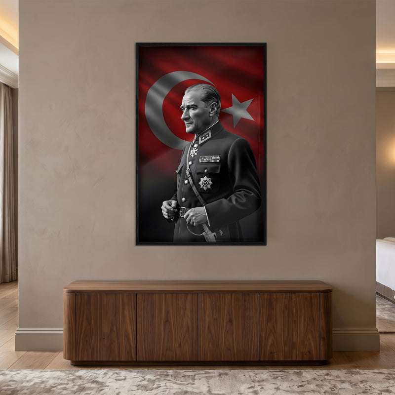 Siyah Çerçeveli Türk Bayrağı Önünde Atatürk Cam Tablo
