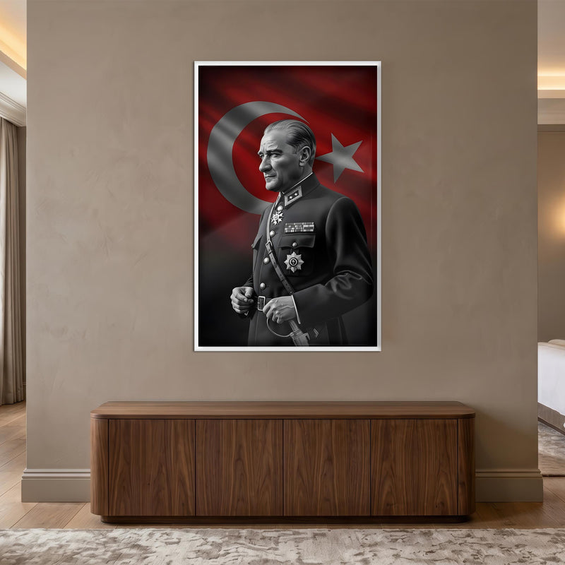 Beyaz Çerçeveli Türk Bayrağı Önünde Atatürk Cam Tablo