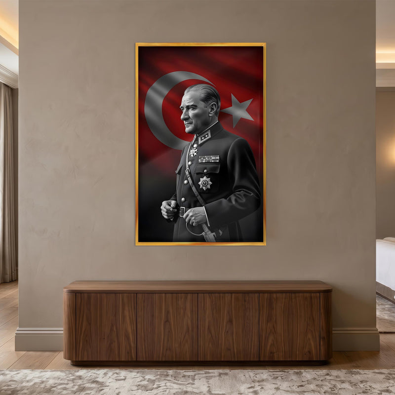 Altın Çerçeveli Türk Bayrağı Önünde Atatürk Cam Tablo