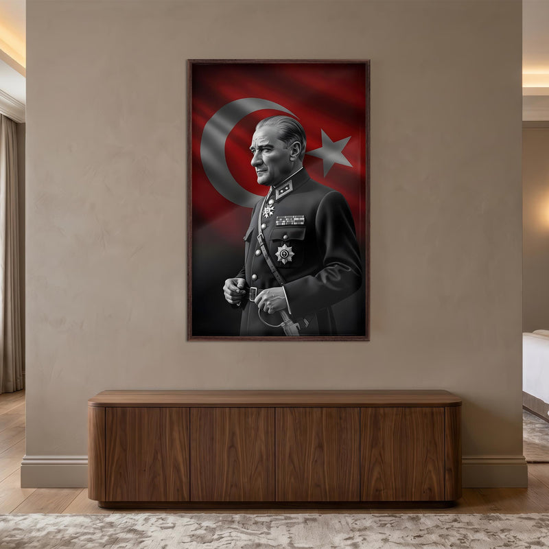 Ceviz Çerçeveli Türk Bayrağı Önünde Atatürk Cam Tablo