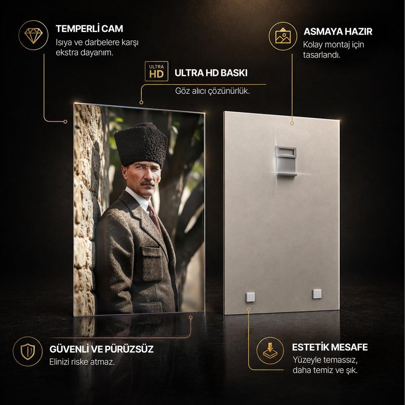 Taş Duvarda Atatürk Portre Cam Tablo Ortam Görseli