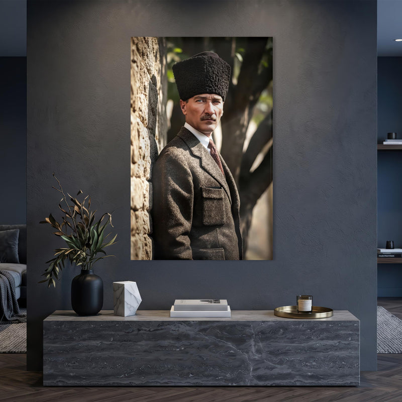 Taş Duvarda Atatürk Portre Cam Tablo Ortam Görseli