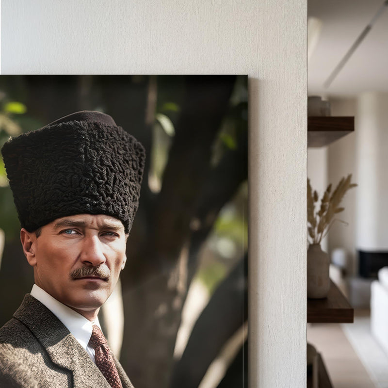 Taş Duvarda Atatürk Portre Cam Tablo Ortam Görseli