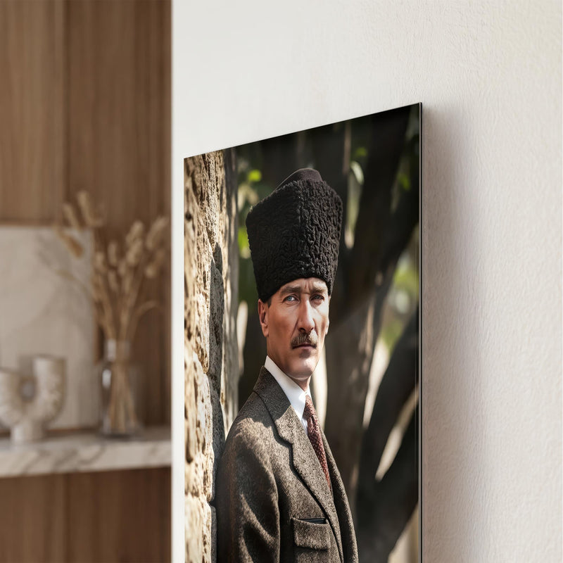 Taş Duvarda Atatürk Portre Cam Tablo Ortam Görseli
