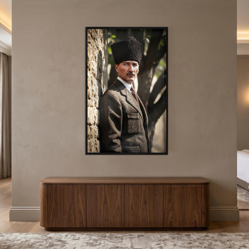 Siyah Çerçeveli Taş Duvarda Atatürk Portre Cam Tablo