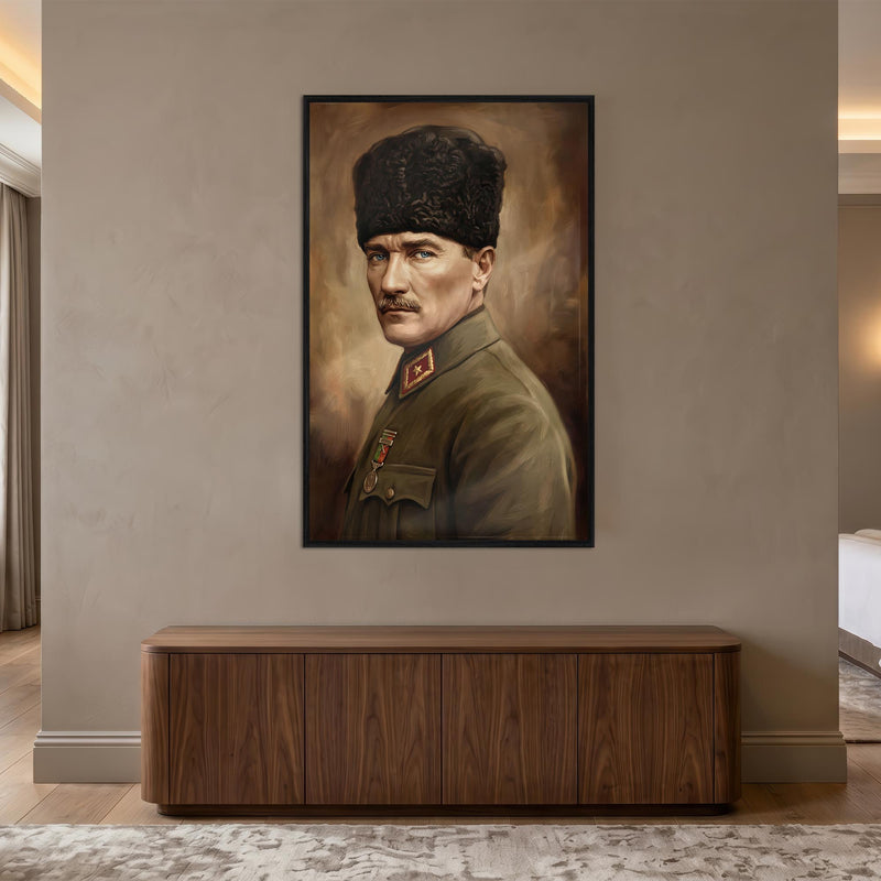 Siyah Çerçeveli Yağlı Boya Atatürk Portre Cam Tablo