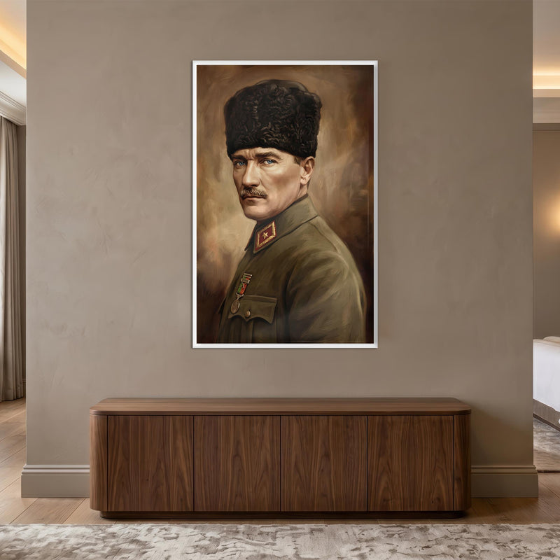 Beyaz Çerçeveli Yağlı Boya Atatürk Portre Cam Tablo
