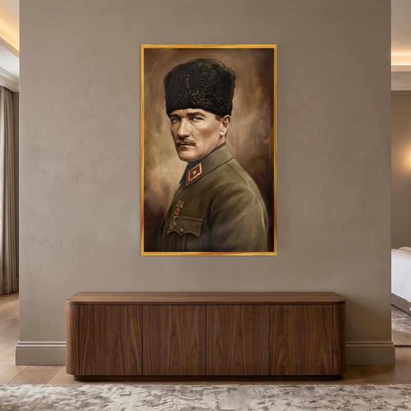 Altın Çerçeveli Yağlı Boya Atatürk Portre Cam Tablo