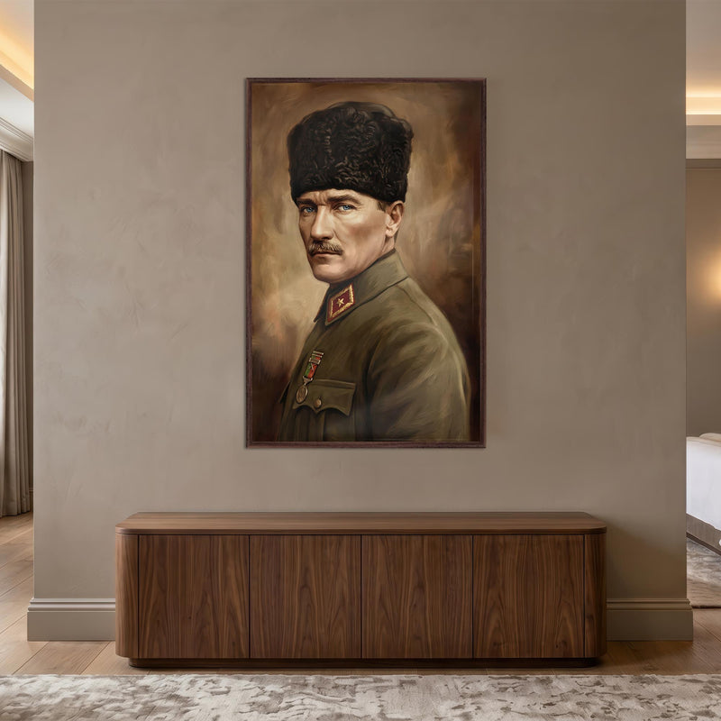 Ceviz Çerçeveli Yağlı Boya Atatürk Portre Cam Tablo
