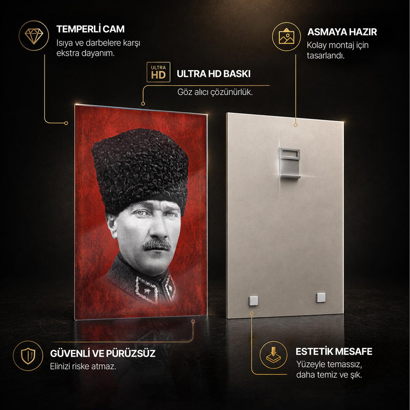 Kırmızı Zemin Atatürk Kalpak Cam Tablo Ortam Görseli