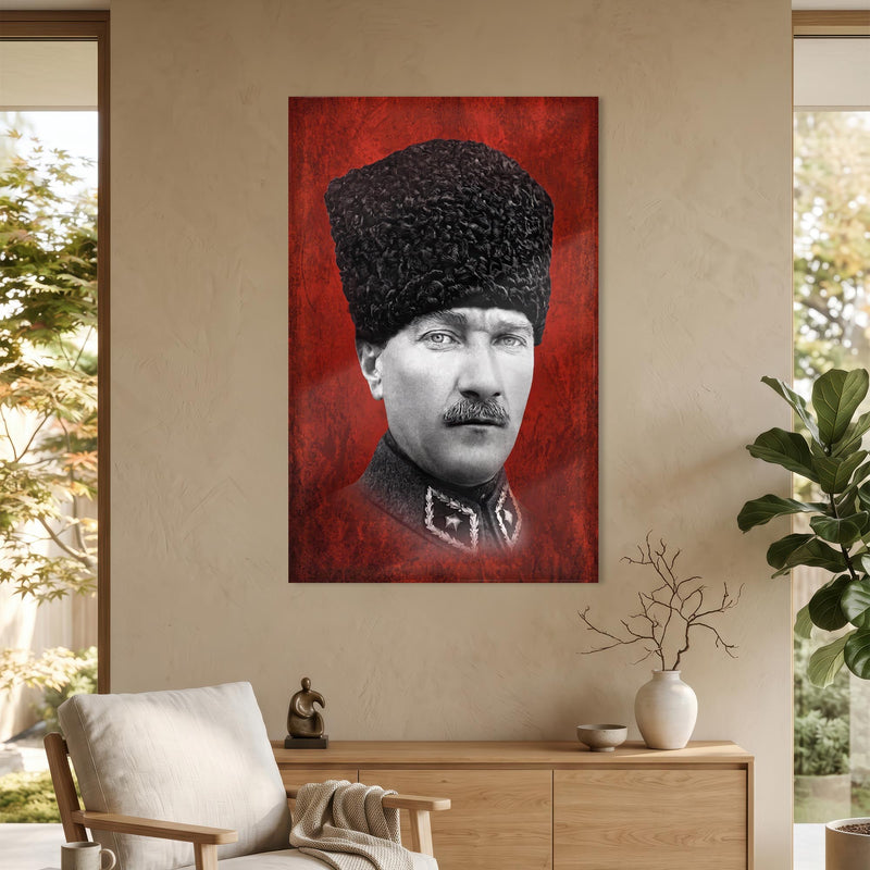 Kırmızı Zemin Atatürk Kalpak Cam Tablo Ortam Görseli