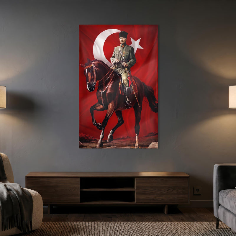 Çerçevesiz At Üstünde Atatürk Bayrak Cam Tablo
