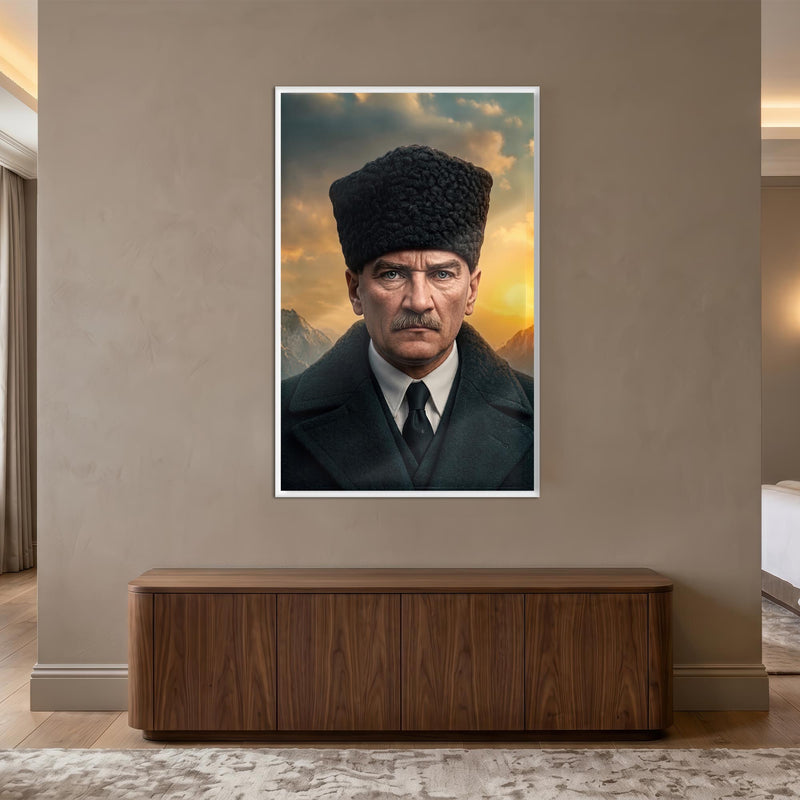 Beyaz Çerçeveli Gün Batımı Atatürk Portre Cam Tablo