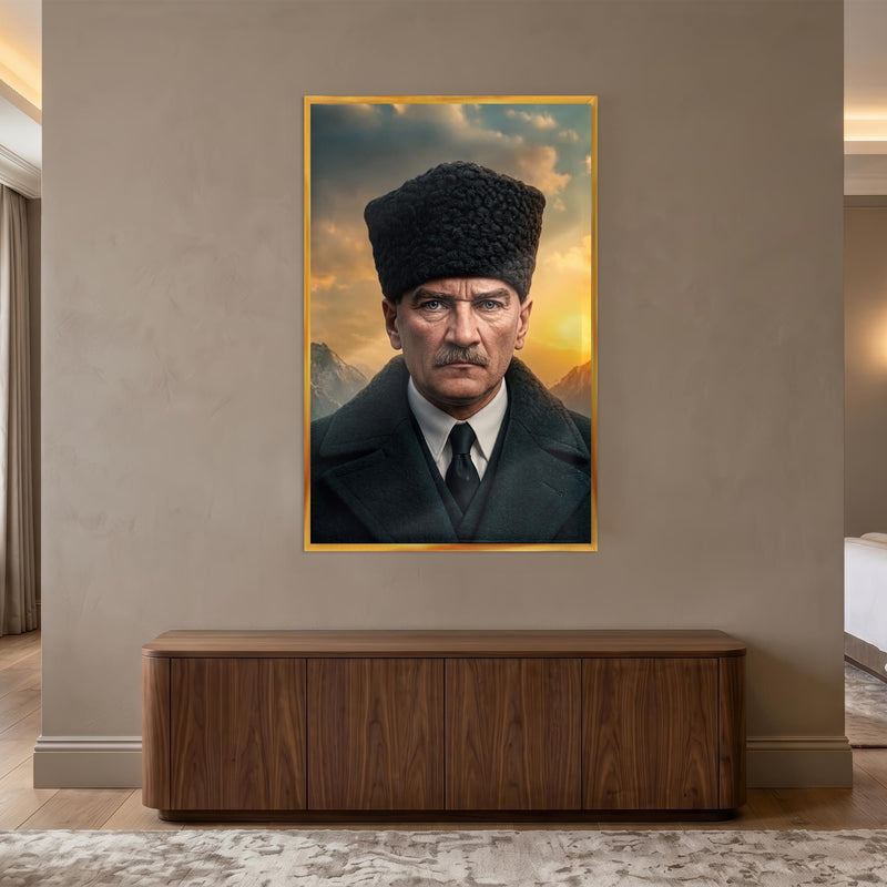 Altın Çerçeveli Gün Batımı Atatürk Portre Cam Tablo
