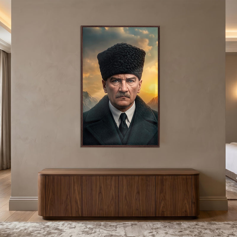 Ceviz Çerçeveli Gün Batımı Atatürk Portre Cam Tablo