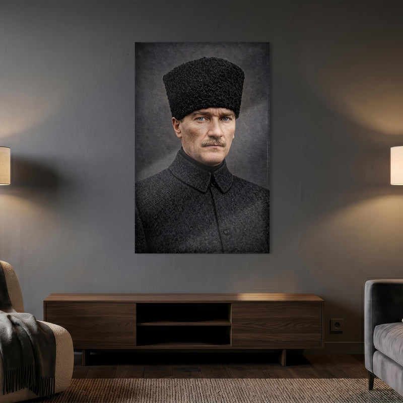 Çerçevesiz Gri Zemin Atatürk Kalpak Cam Tablo