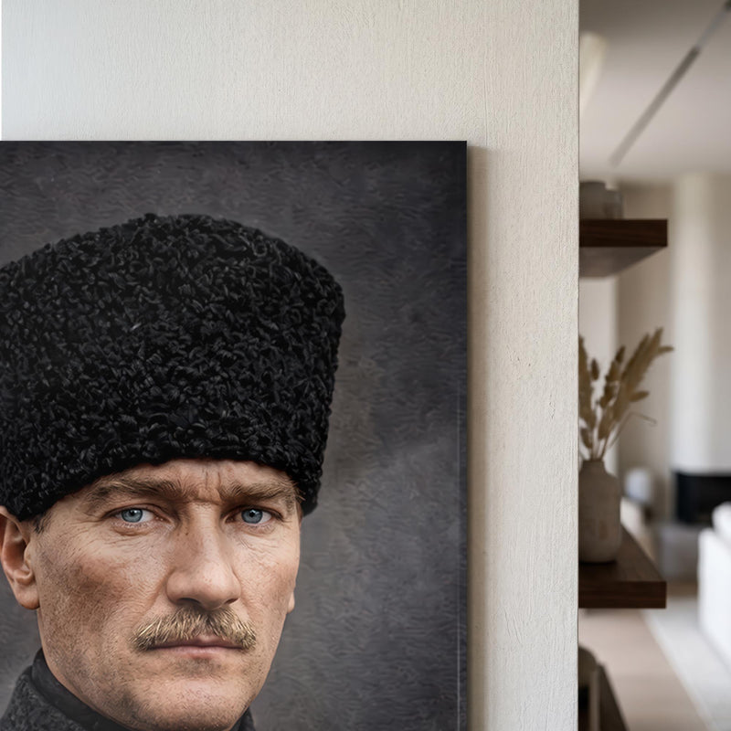 Gri Zemin Atatürk Kalpak Cam Tablo Ortam Görseli