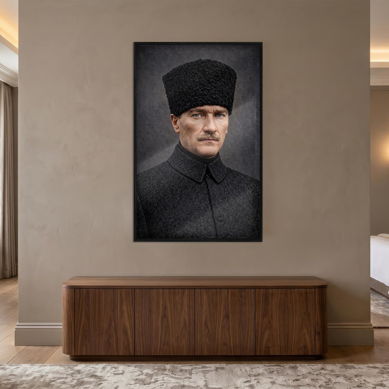 Siyah Çerçeveli Gri Zemin Atatürk Kalpak Cam Tablo
