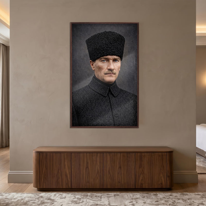 Ceviz Çerçeveli Gri Zemin Atatürk Kalpak Cam Tablo