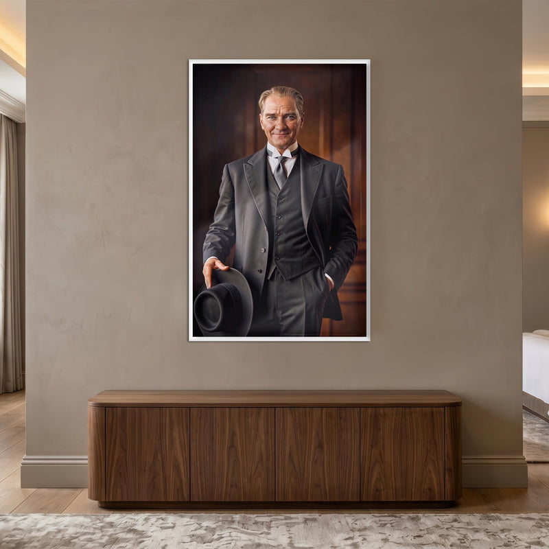 Beyaz Çerçeveli Atatürk İmza Portre Cam Tablo