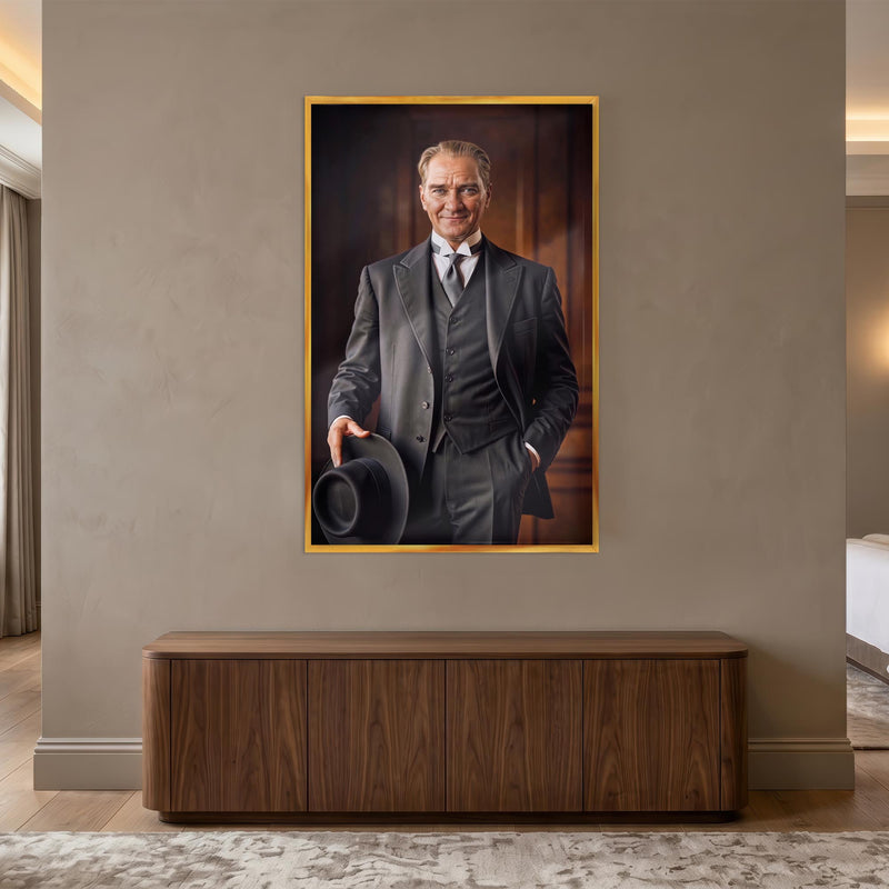 Altın Çerçeveli Atatürk İmza Portre Cam Tablo