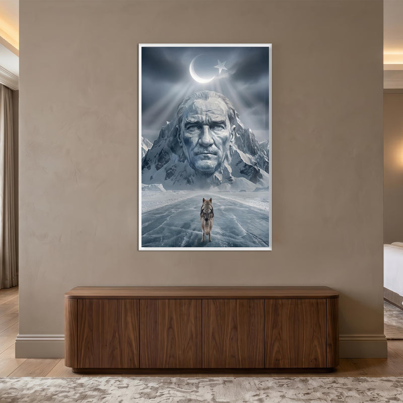 Beyaz Çerçeveli Bozkurt Atatürk Kar Cam Tablo