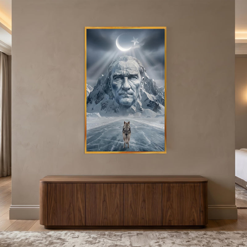 Altın Çerçeveli Bozkurt Atatürk Kar Cam Tablo