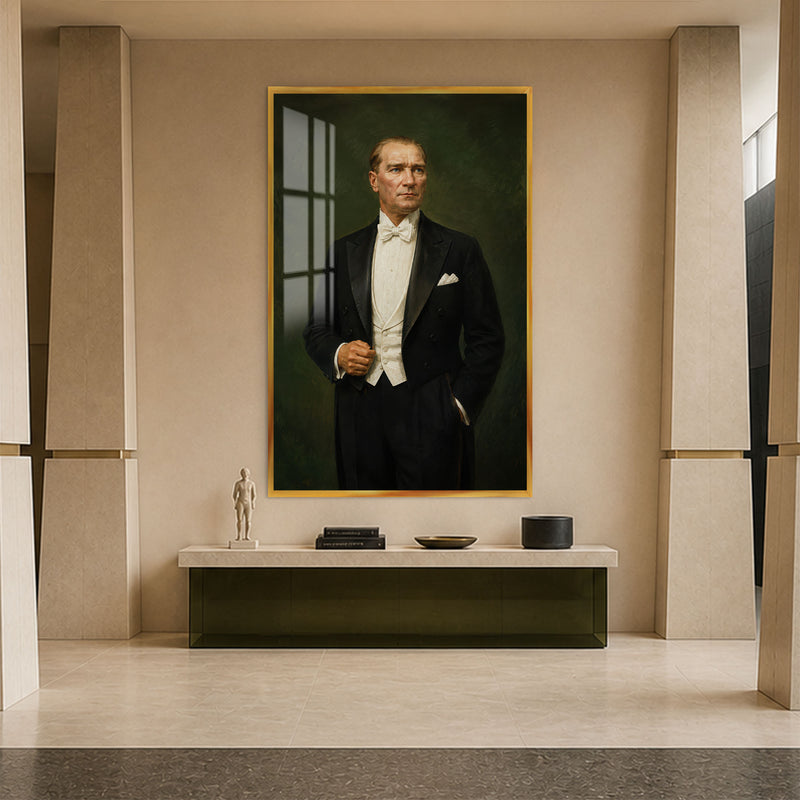 Papyonlu Atatürk Cam Tablo – Altın Çerçeveli