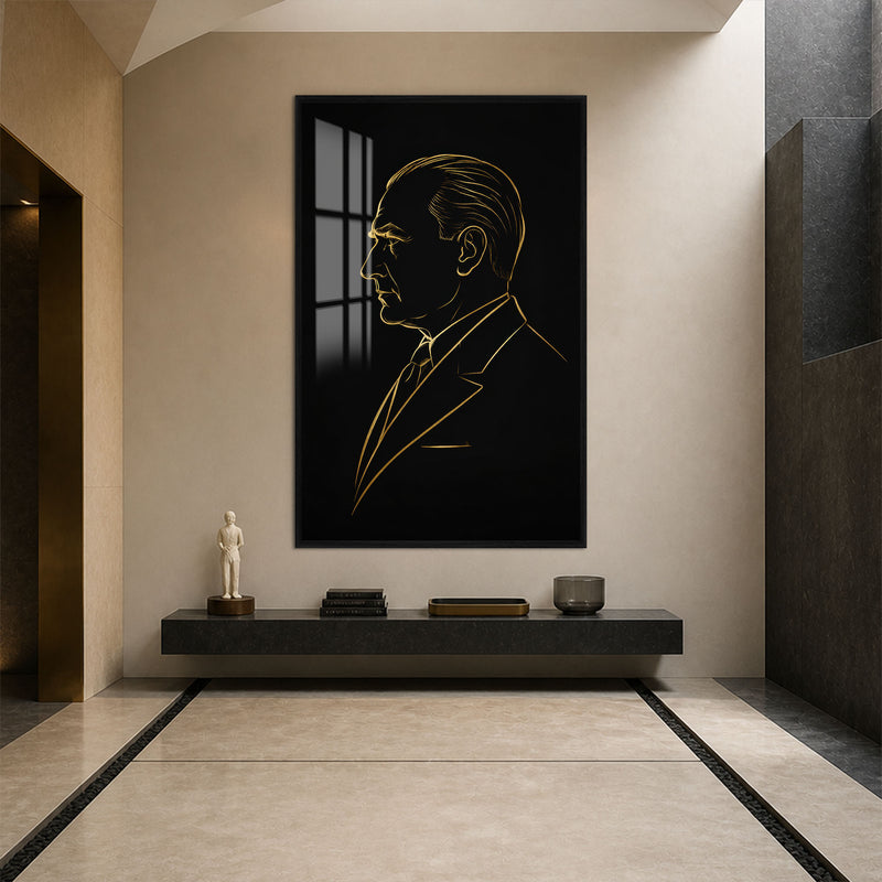 Profilden Atatürk Cam Tablo – Siyah Çerçeveli