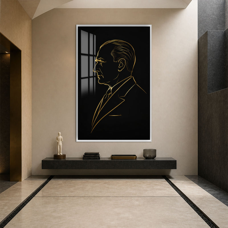 Profilden Atatürk Cam Tablo – Beyaz Çerçeveli