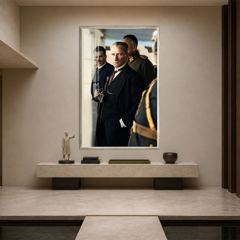 Dürbünlü Atatürk Cam Tablo – Gümüş Çerçeveli