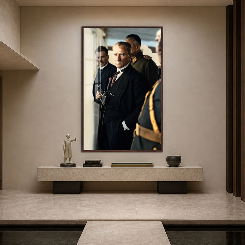 Dürbünlü Atatürk Cam Tablo – Ceviz Çerçeveli