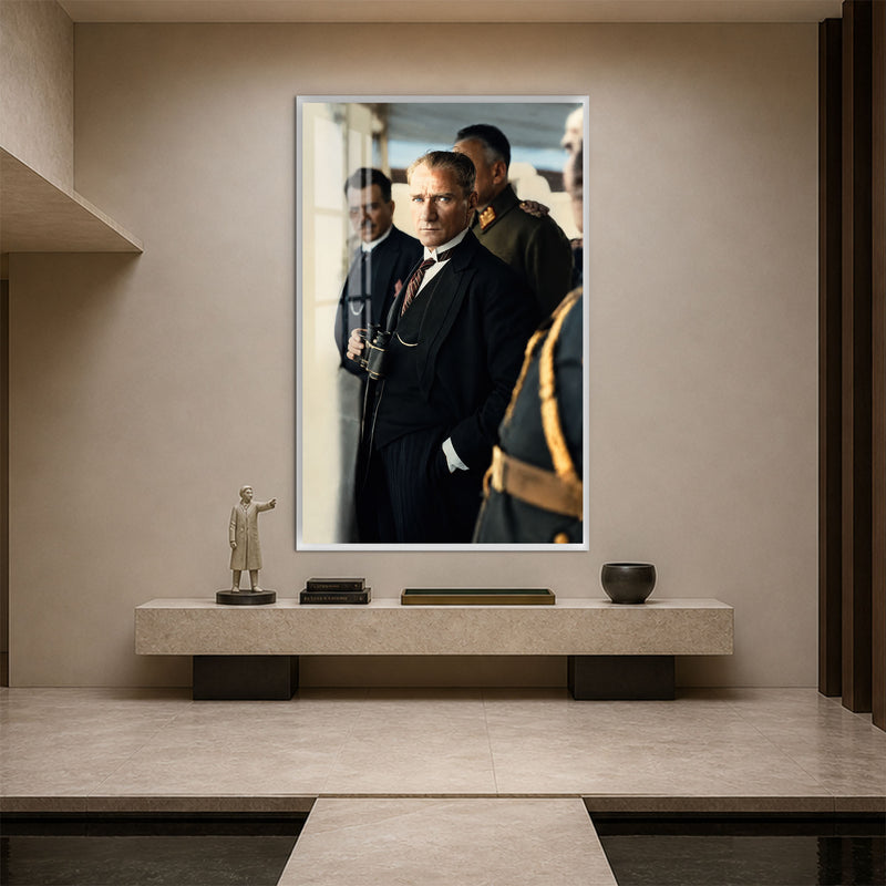 Dürbünlü Atatürk Cam Tablo – Beyaz Çerçeveli