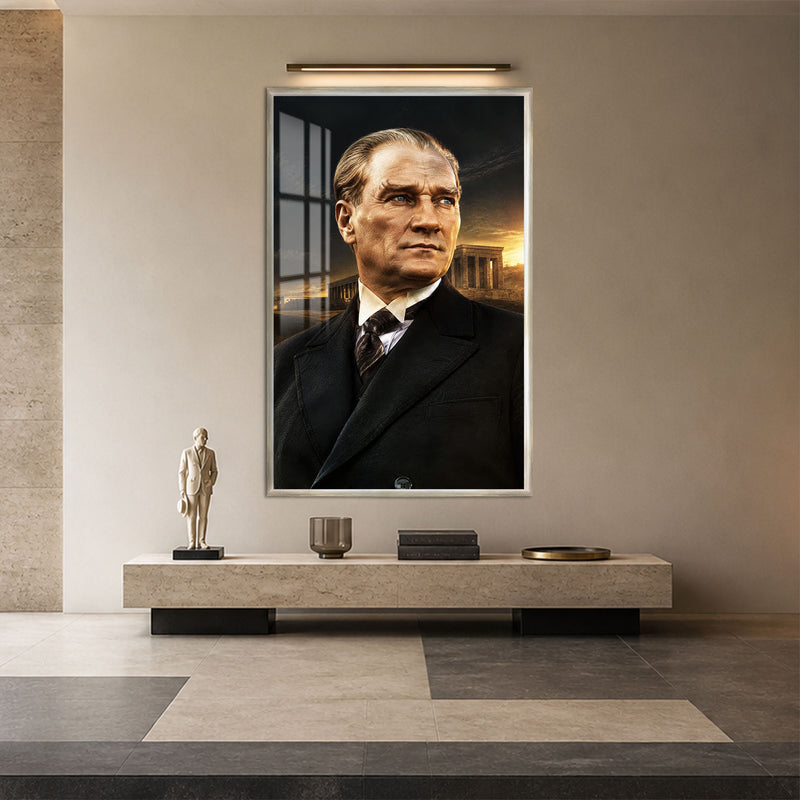 Gün Batımında Atatürk Cam Tablo – Gümüş Çerçeveli
