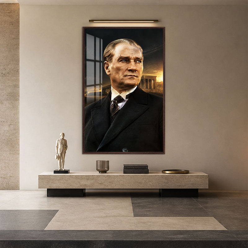 Gün Batımında Atatürk Cam Tablo – Ceviz Çerçeveli